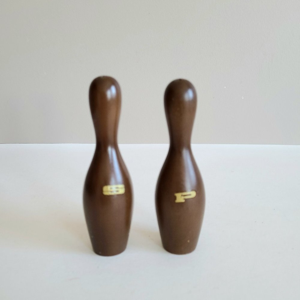 Mid Century wooden teak bowling pins salt & pepper shakers,